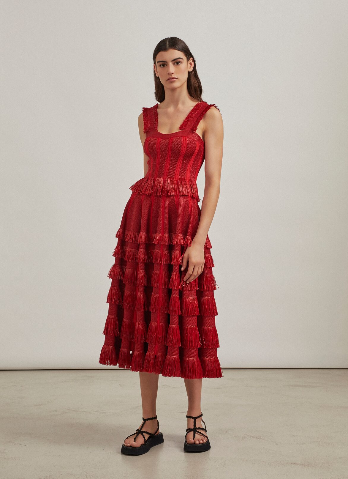 Knit and raffia bustier dress ALAÏA SCARLET KNIT AND RAFFIA BUSTIER DRESS